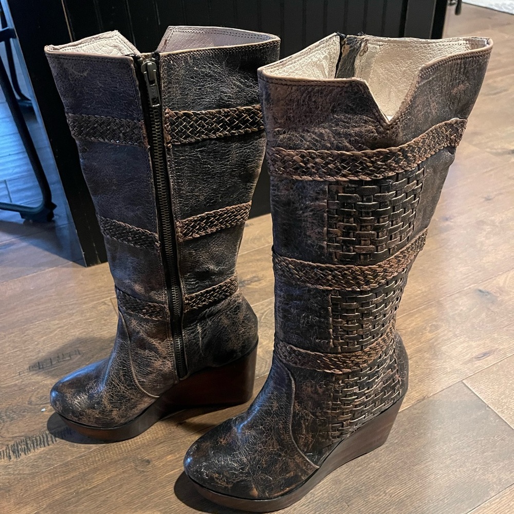 Women's Brown Woven Leather Boots